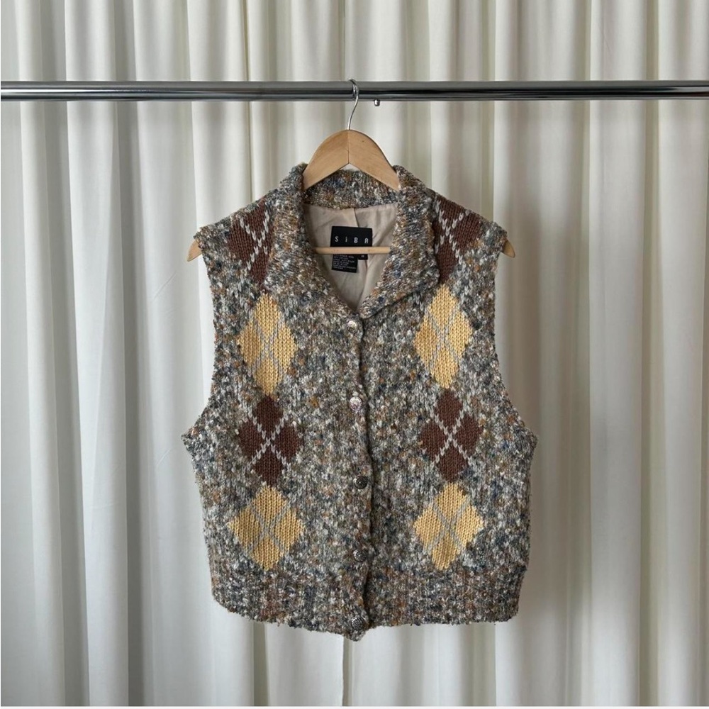 VTG SIBA Mohair Wool Blend Argyle Sweater Vest Hand Knitted Academic Medium - Picture 4 of 8
